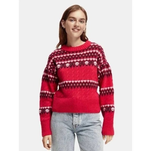 Scotch & Soda Cable Knit Fair Isle Pullover Sweater in Cosmic Pink Size XS NWT